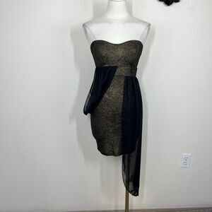 Symphony Dress Womens Medium Black Gold Strapless Bodycon Mini Asymmetric Party